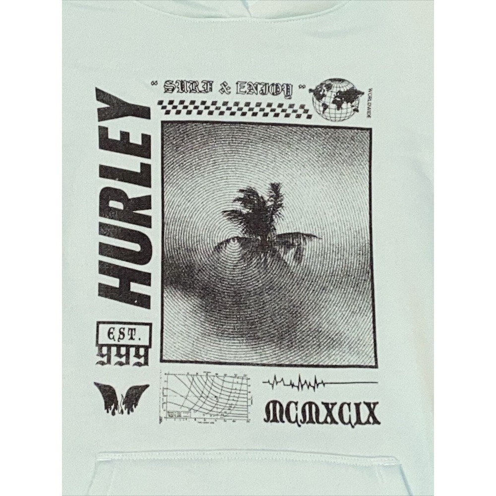RARE Hurley Worldwide Hoodie Surf & Enjoy‎ Est. 999 Sweatshirt Sea Green Palm - Picture 2 of 8